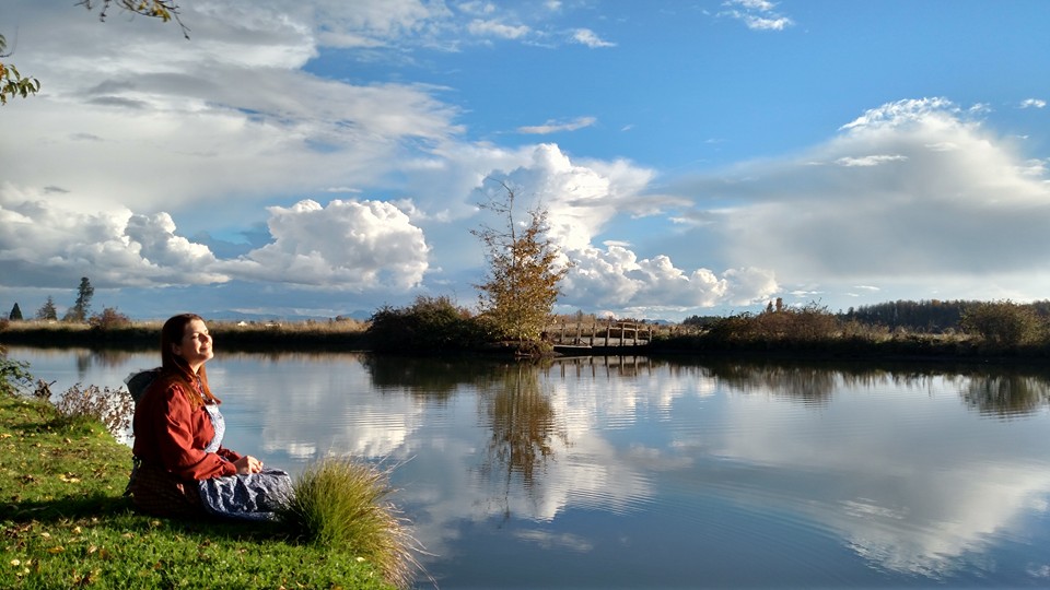 karen rainsong at singing creek educational center pond at farm oregon