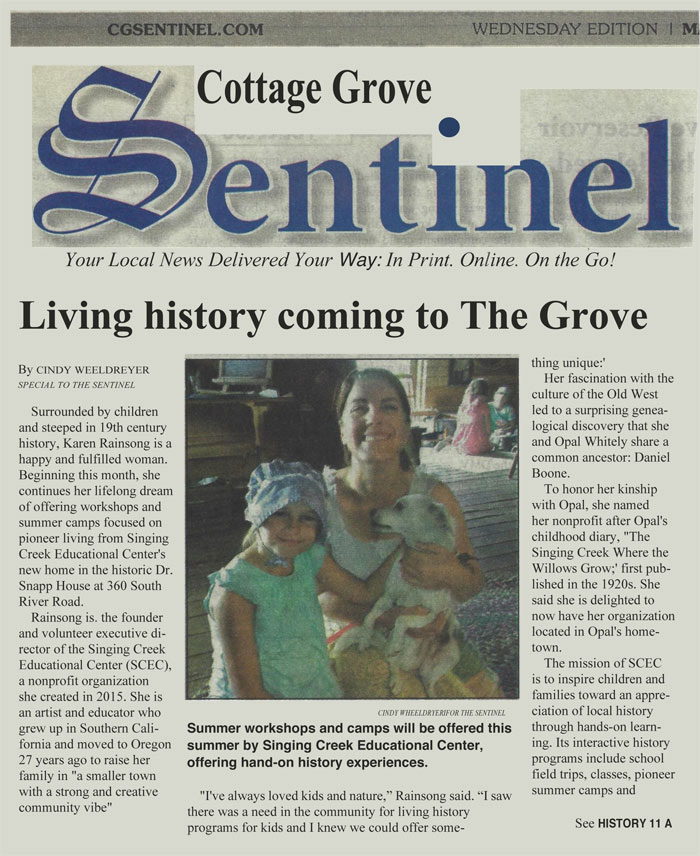 cottage grove sentinel article singing creek educational center