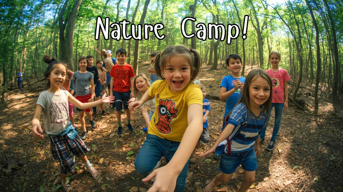 Nature Spring Break Camp kids in a forest history singing creek educational center