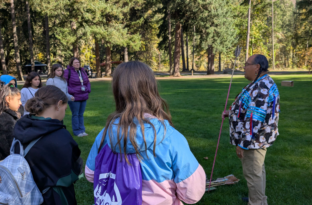Deitz atlatl throwing with students outside